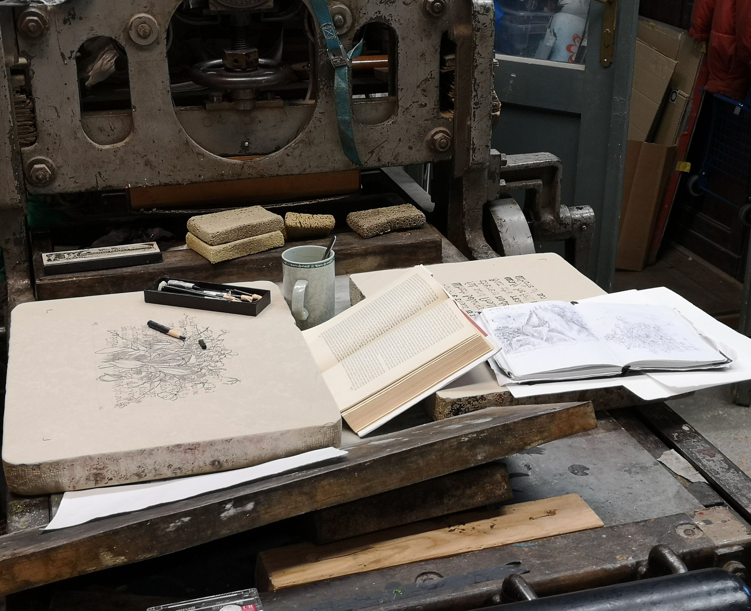 Lithography stone drawing